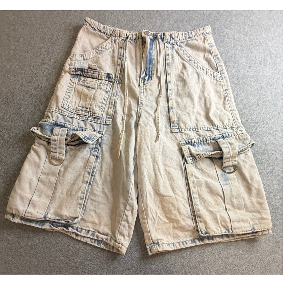 Womens Acid Wash Cargo Shorts Y2K Baggy Longline Denim Small